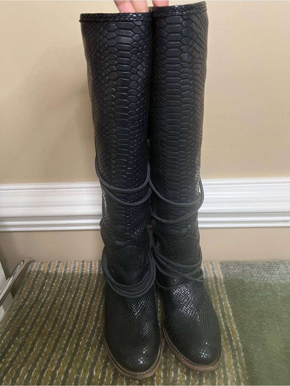 Freebird by Steven Coal Black Snakeskin Lace-Up Knee Boots